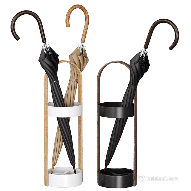 Modern Wooden Umbrella Stand Holder With Black And Beige Umbrellas For Home Use 3d model 