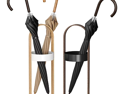 Modern Wooden Umbrella Stand Holder With Black And Beige Umbrellas For Home Use 3d model
