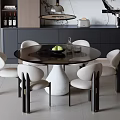 Modern Dining Table Set With Round Black Table White Chairs Green Fruits And Glassware