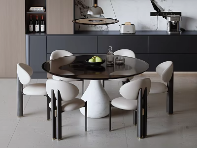 Modern Dining Table Set With Round Black Table White Chairs Green Fruits And Glassware 3d model