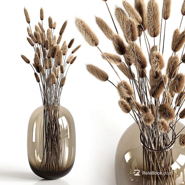 Stylish Transparent Glass Vases With Brown Dried Flowers For Home Decor 3d model 