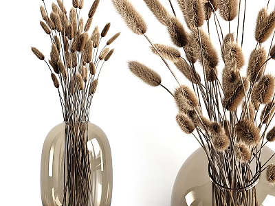 Stylish Transparent Glass Vases With Brown Dried Flowers For Home Decor 3d model
