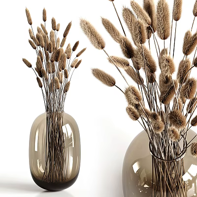 Stylish Transparent Glass Vases With Brown Dried Flowers For Home Decor 3d model