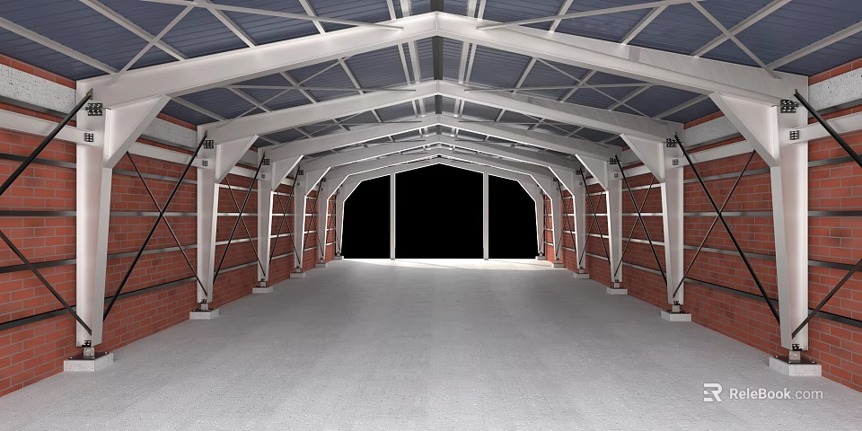 Spacious Industrial Building Interior With Red Brick Walls And Metal Frame Roof 3d model 