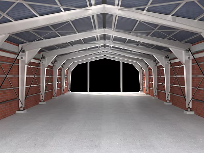 Spacious Industrial Building Interior With Red Brick Walls And Metal Frame Roof 3d model