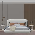 Cozy Modern Bedroom Interior With Plush Bed Hanging Lamps Wooden Accent Wall And Green Plant
