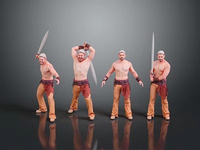 Multiple Shirtless Men Holding Swords in Different Poses with Brown Pants 3d model
