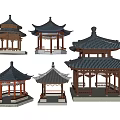 Chinese Traditional Pavilion Models Featuring Various Roof Styles and Wooden Structures