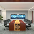 Modern Conference Room Interior With Long Wooden Table Black Chairs And Chinese Decor