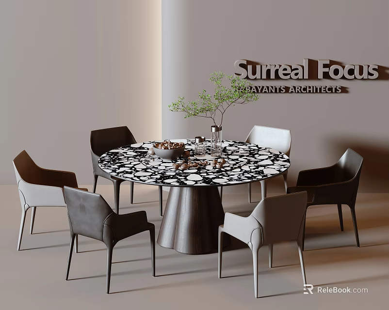 Modern Round Dining Table Set With Black White Patterned Top And Six Chairs 3d model 