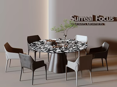 Modern Round Dining Table Set With Black White Patterned Top And Six Chairs 3d model