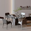 Modern Round Dining Table Set With Black White Patterned Top And Six Chairs 3d model