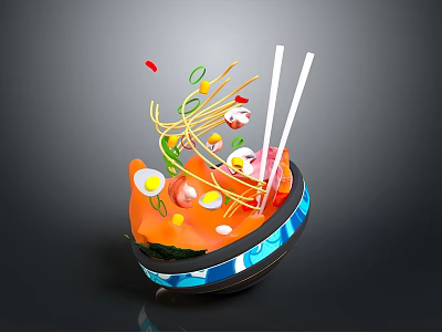 Colorful Ramen Bowl With Noodles Eggs Sliced Meat Vegetables And Chopsticks 3d model