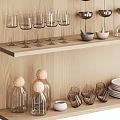 Stylish Dinnerware Set Display On Wooden Shelves With Bowls Plates Glasses And Cups