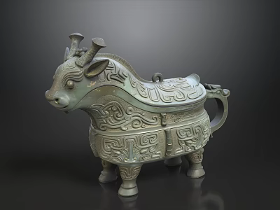 Ancient Chinese Bronze Bull Shaped Vessel with Intricate Decorative Patterns 3d model