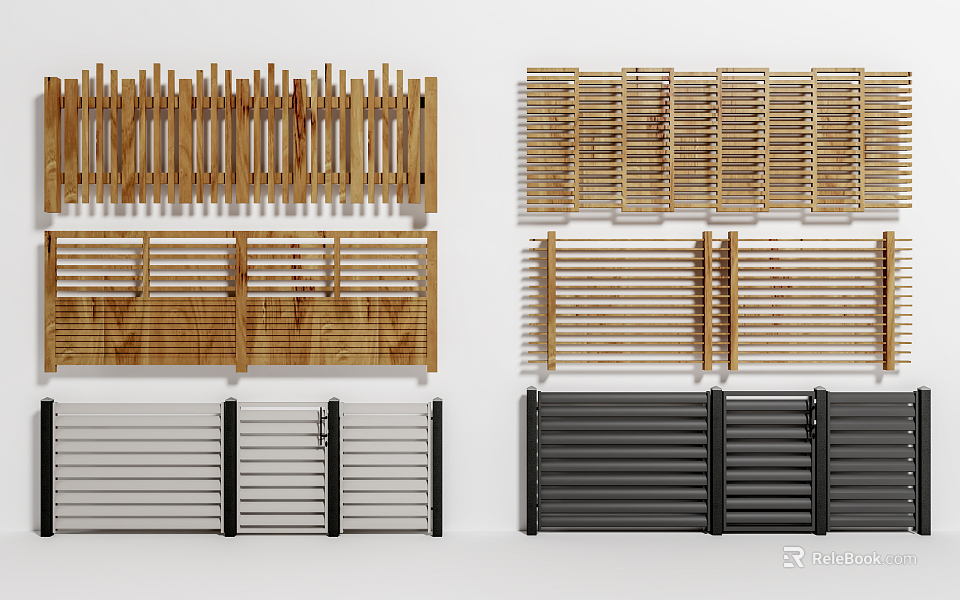 Natural Wood And Black Metal Fence Designs With Vertical And Horizontal Slats 3d model 