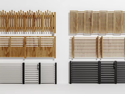 Natural Wood And Black Metal Fence Designs With Vertical And Horizontal Slats 3d model