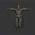 Man in Batman Costume Posing with Arms Outstretched Against Gray Background