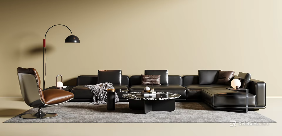 Modern Black Leather L shaped Sofa And Round Marble Coffee Table Set With Decorative Pillows 3d model 