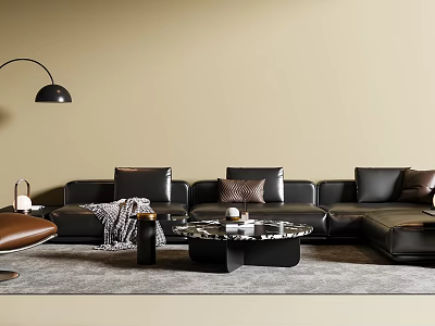 Modern Black Leather L shaped Sofa And Round Marble Coffee Table Set With Decorative Pillows 3d model