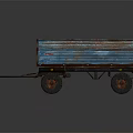 Vintage Blue Striped Trailer With Rustic Bed And Worn Metal Wheels