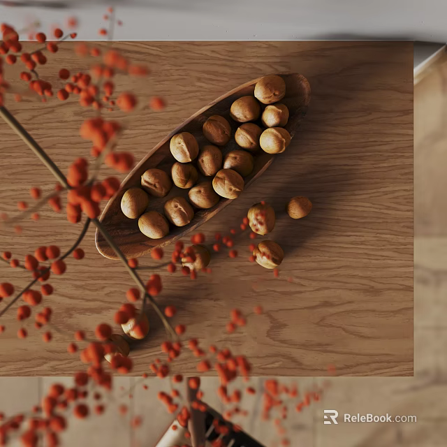 Decorative Ceramic Vessel Holding Nuts And Red Berries On Wooden Tray Surface 3d model 