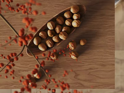 Decorative Ceramic Vessel Holding Nuts And Red Berries On Wooden Tray Surface 3d model