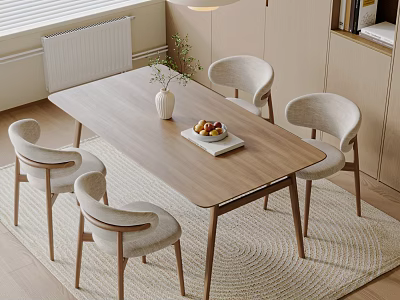 Modern Wooden Dining Table and Chairs With Vase Fruit Book on Rug 3d model