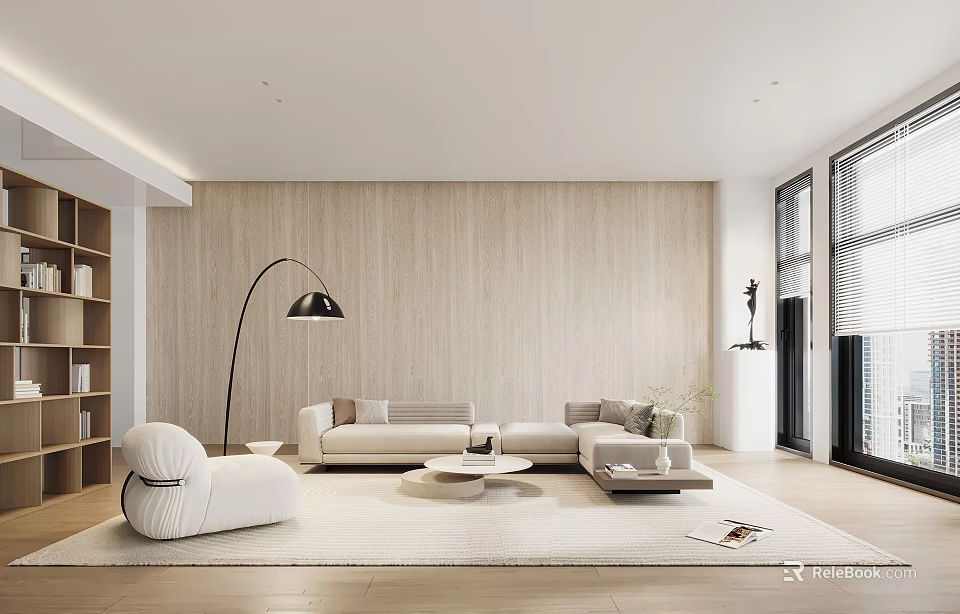 Modern Living Room With Light Wooden Walls L Shaped Sofa Armchair Floor Lamp Coffee Table 3d model 