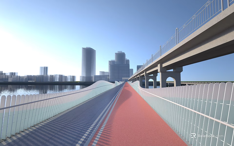 Scenic Pedestrian Boardwalk With Red Pathway And Modern City Skyline By Waterfront 3d model 