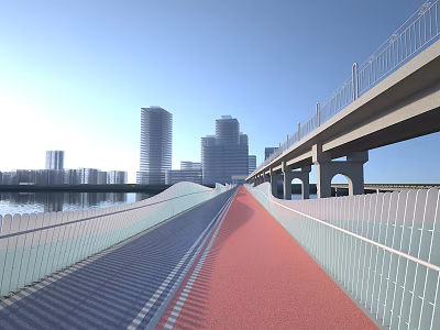 Scenic Pedestrian Boardwalk With Red Pathway And Modern City Skyline By Waterfront 3d model