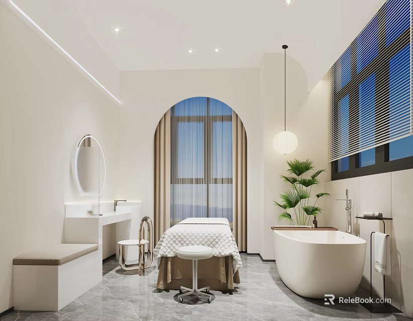 Luxurious SPA Sauna Interior Design With Massage Table Bathtub And Green Plant 3d model 