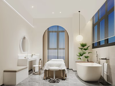 Luxurious SPA Sauna Interior Design With Massage Table Bathtub And Green Plant 3d model