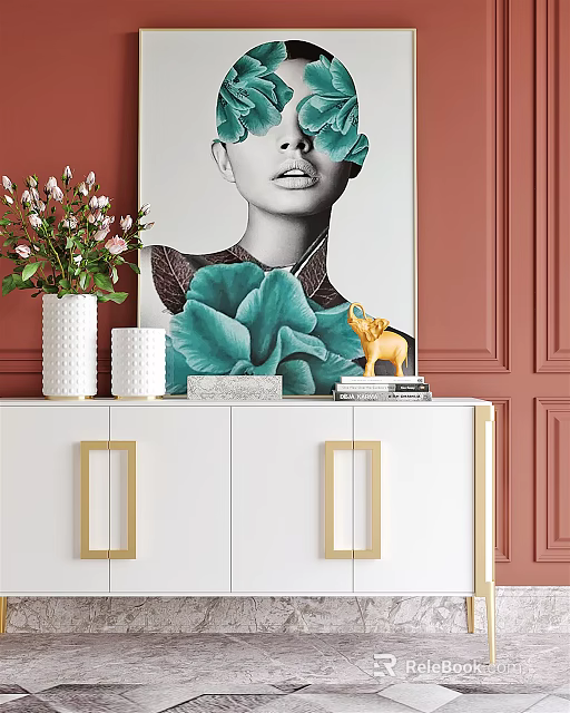 White Entryway Cabinet Sideboard With Gold Handles Vase Flowers Books Yellow Elephant On Red Wall 3d model 