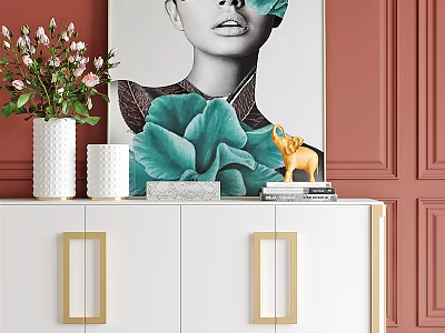 White Entryway Cabinet Sideboard With Gold Handles Vase Flowers Books Yellow Elephant On Red Wall 3d model