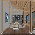 Chinese Style Private Dining Room With Wooden Structure Long Table Chairs And Pendant Lights