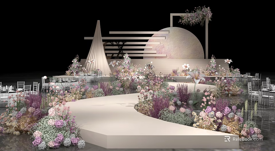 Wedding Banquet Hall With Floral Decorations Curved Walkway And Moon Backdrop Stage 3d model 