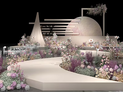 Wedding Banquet Hall With Floral Decorations Curved Walkway And Moon Backdrop Stage 3d model