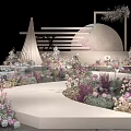 Wedding Banquet Hall With Floral Decorations Curved Walkway And Moon Backdrop Stage