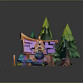 Enchanting Natural Scene With Pine Trees Wooden Cottage Mushrooms Grassy Path And Magic Cauldron