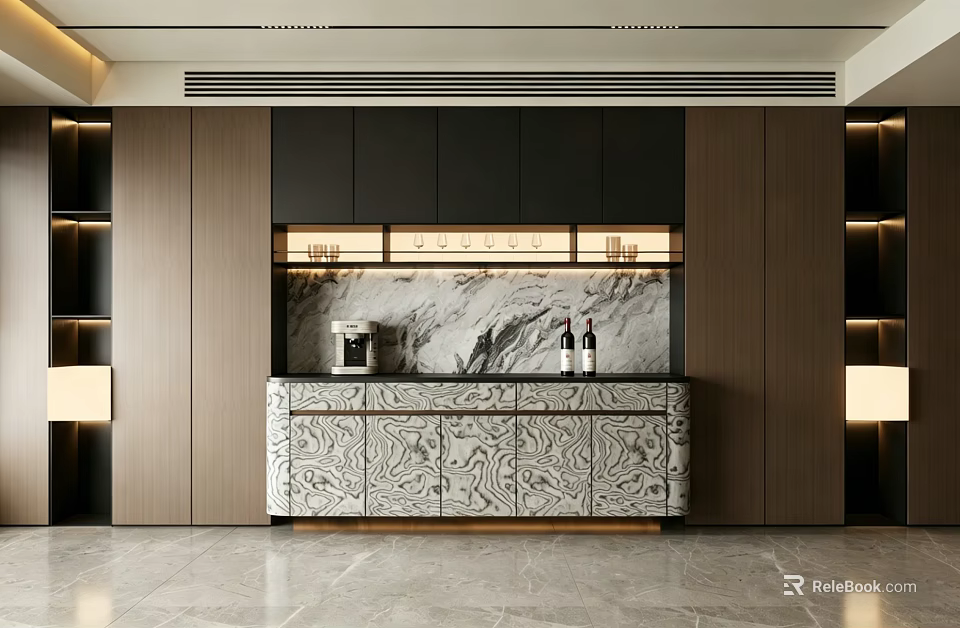 Elegant Modern Sideboard With Marble Backsplash And Wine Storage In Dining Area 3d model 