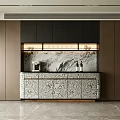 Elegant Modern Sideboard With Marble Backsplash And Wine Storage In Dining Area