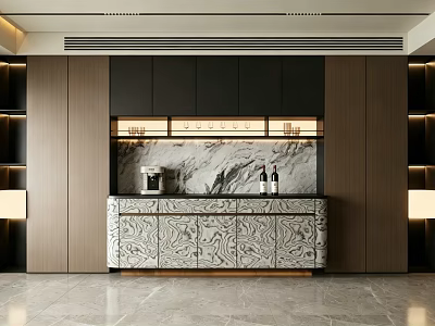 Elegant Modern Sideboard With Marble Backsplash And Wine Storage In Dining Area 3d model