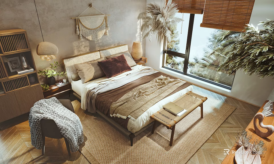 Natural Style Double Bed With Macramé Wall Hanging Palm Plants Bamboo Blinds And Woven Rug 3d model 