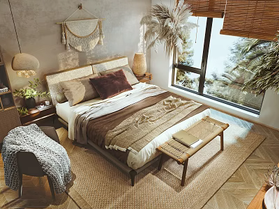 Natural Style Double Bed With Macramé Wall Hanging Palm Plants Bamboo Blinds And Woven Rug 3d model