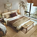 Natural Style Double Bed With Macramé Wall Hanging Palm Plants Bamboo Blinds And Woven Rug