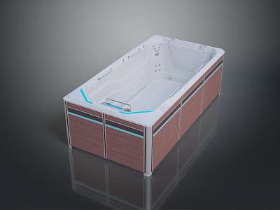 Modern Bathtub With Wooden Frame White Body And Blue Accents Massage Jets 3d model
