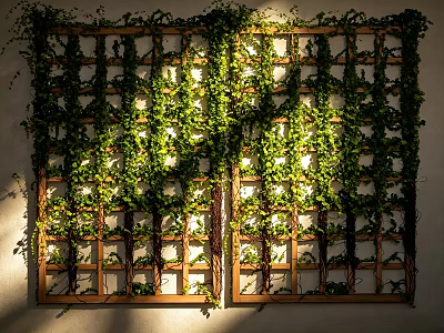 Green Vines Covering Wooden Trellis Wall With Natural Light And Lush Foliage 3d model