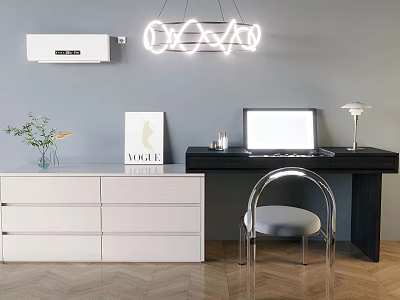 Modern White Dresser with Acrylic Chair Table Lamp Potted Plant and Wall Art 3d model