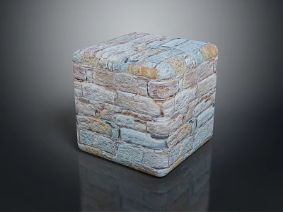 Wood and Stone Cube Handcrafted Decorative Piece with Textured Blocks in Blue Beige Gray 3d model